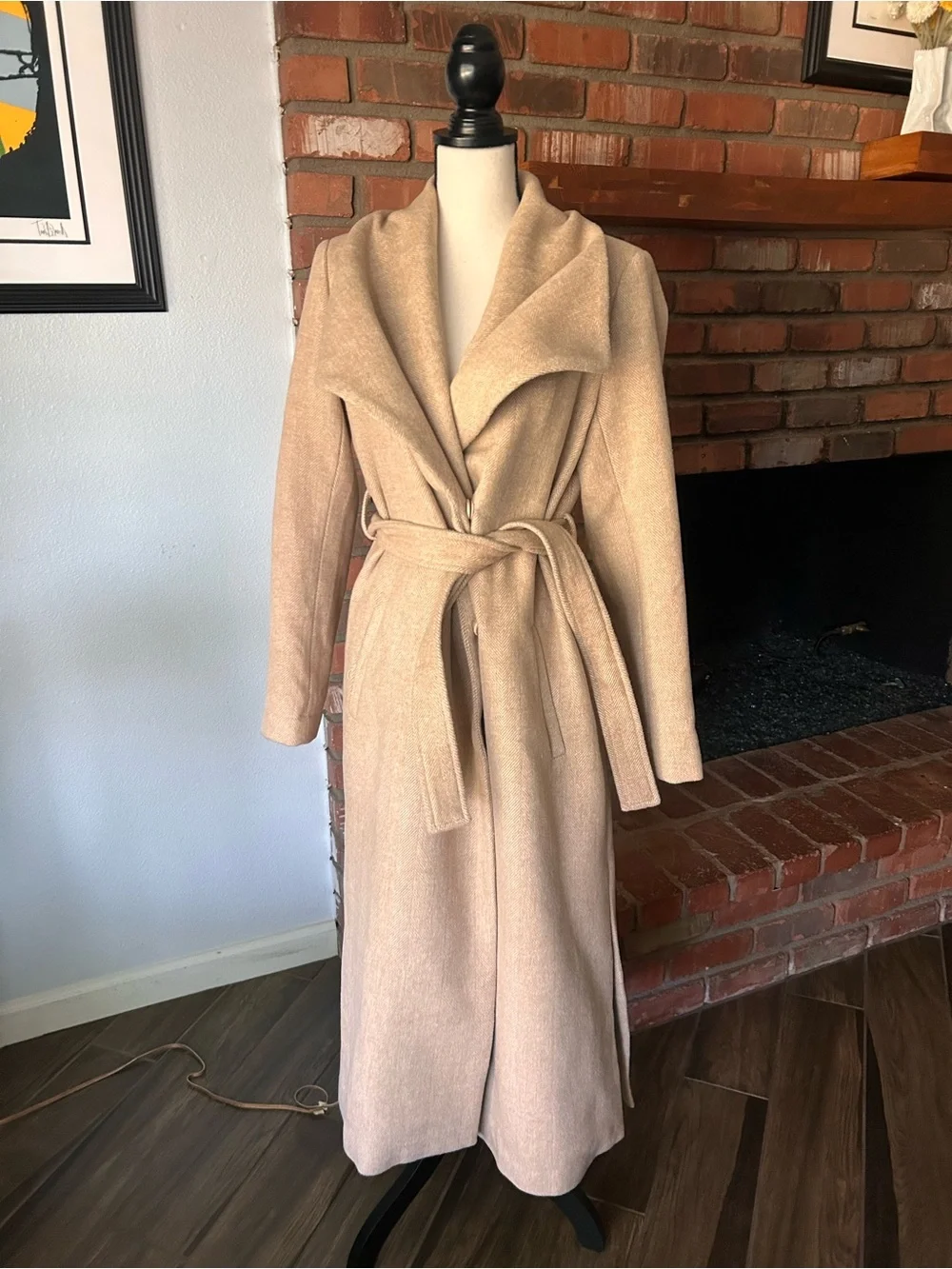 Rachel Parcell Herringbone Long Wool Blend Wrap Coat in Tan Sz S - Picture 2 of 11